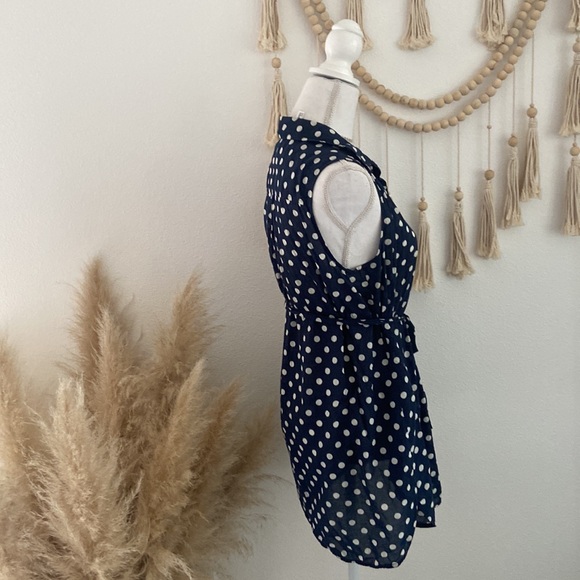 J. Crew navy polka dot shirt dress sleeveless tunic cream blue tie waist medium - Picture 10 of 15